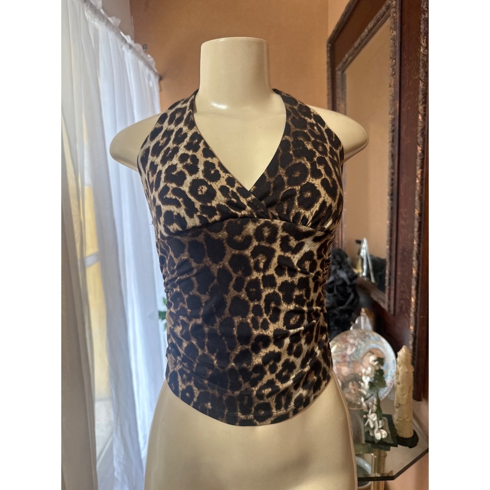 Leopard Print Halter Top Brown Black Animal Print Ruched Surplice V-Neck Small
